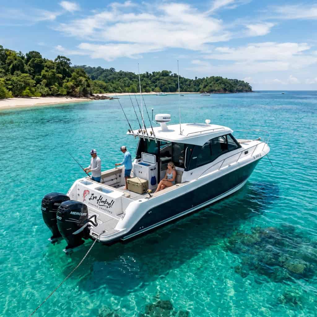I'm Hooked Fishing Charters boat anchored in clear coastal water
